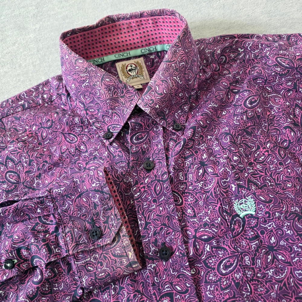 Cinch Mens Small Purple Paisley Long Sleeve Western Button Down Cotton Shirt